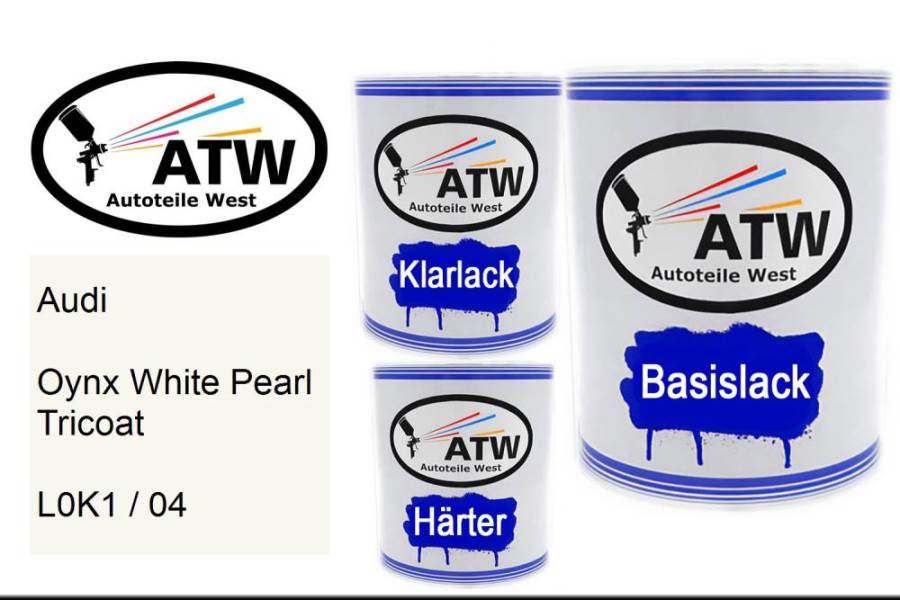 Audi, Oynx White Pearl Tricoat, L0K1 / 04: 1L Lackdose + 1L Klarlack + 500ml Härter - Set, von ATW Autoteile West.